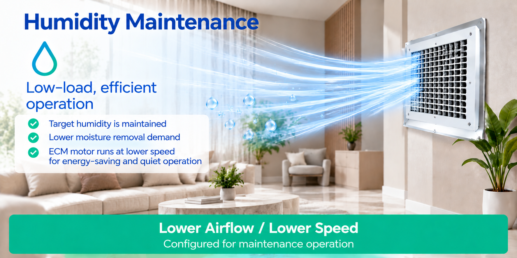 Humidity maintenance operation with lower airflow and lower ECM motor speed