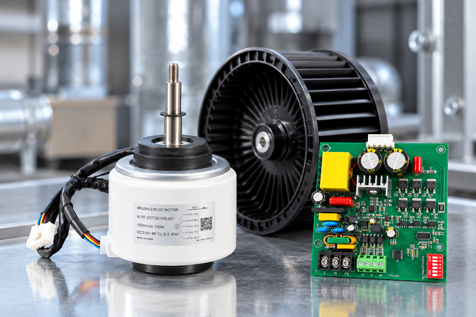 ECM motor, centrifugal impeller and external driver board for adjustable airflow