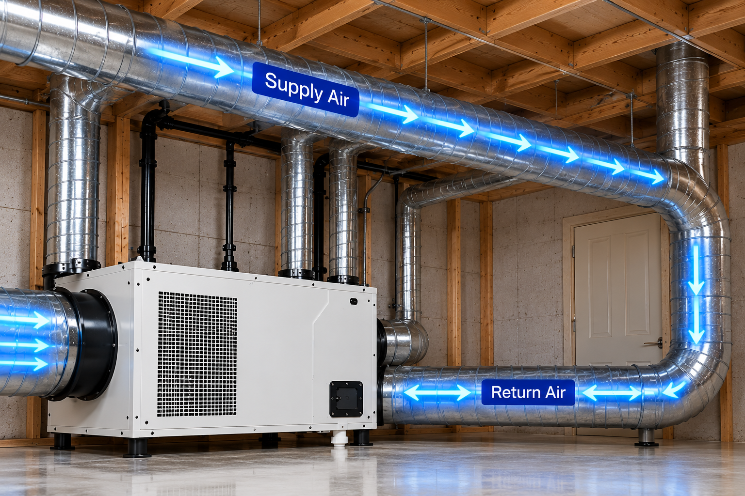 Supply and return duct loop showing continuous air circulation around a dehumidifier