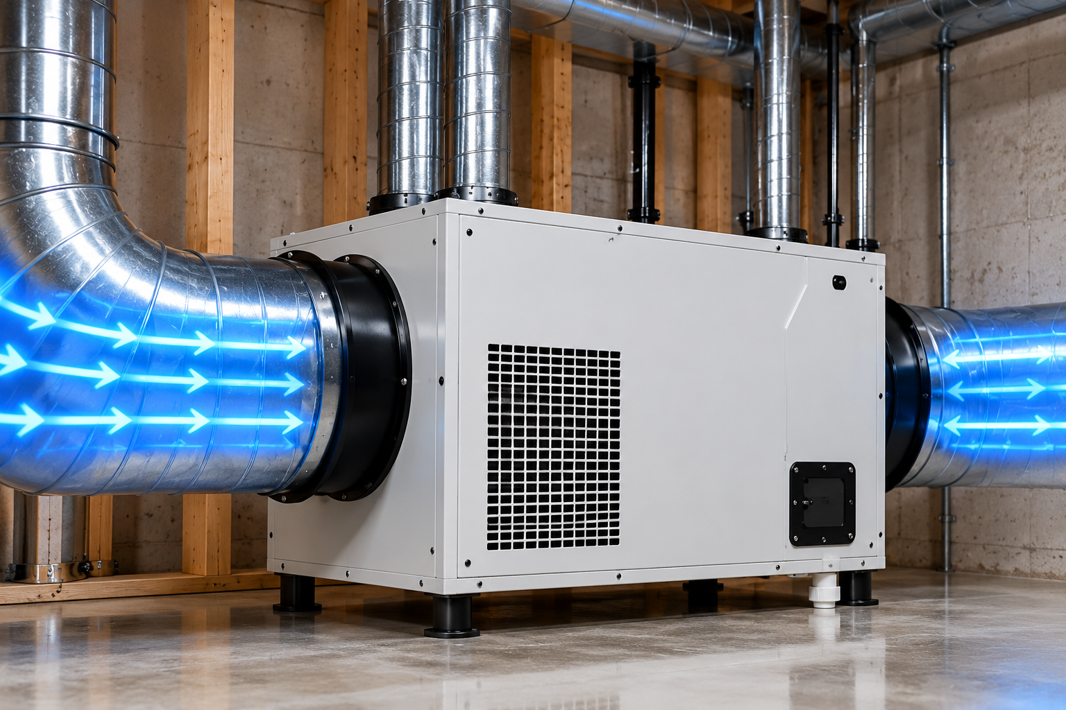 Ducted dehumidifier with illuminated airflow arrows moving through the unit