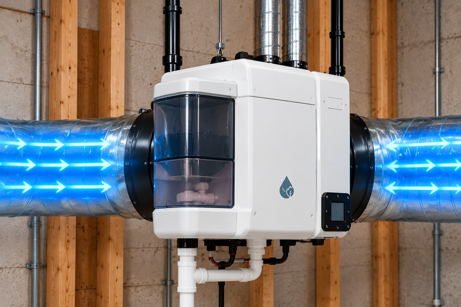Duct-mounted humidifier with illuminated airflow arrows moving through the unit
