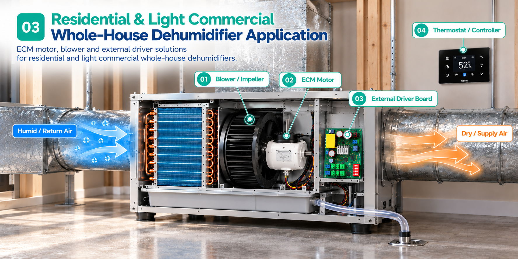 Residential and light commercial whole-house dehumidifier application showing blower, ECM motor, external driver board, thermostat controller, and humid return and dry supply airflow