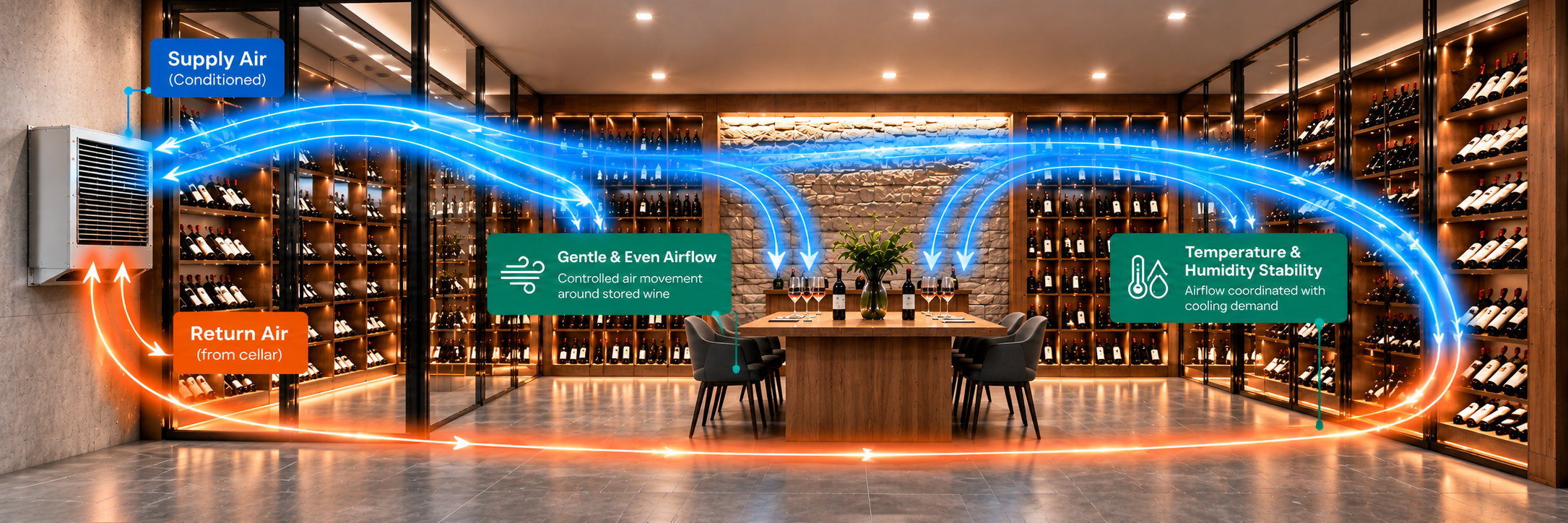 Wine cellar cooling airflow diagram showing conditioned supply air, return air, gentle circulation, and temperature and humidity stability