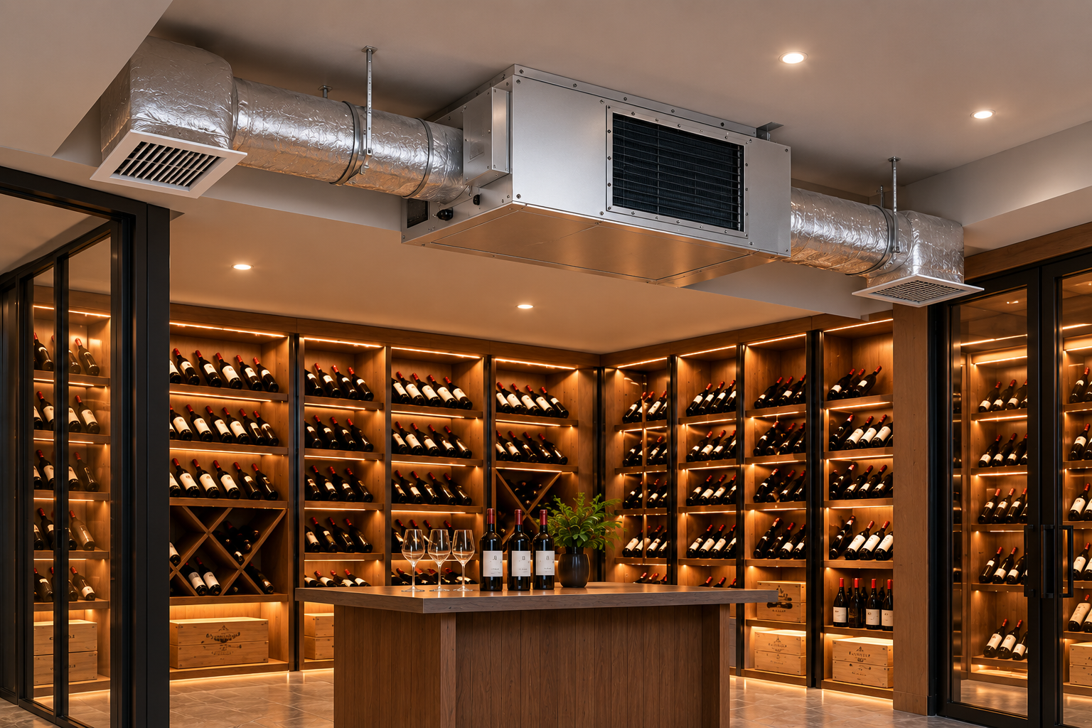 Ducted Self-Contained wine cellar cooling system configuration