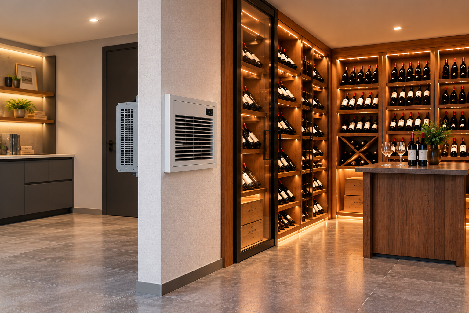 Through-the-Wall wine cellar cooling system configuration