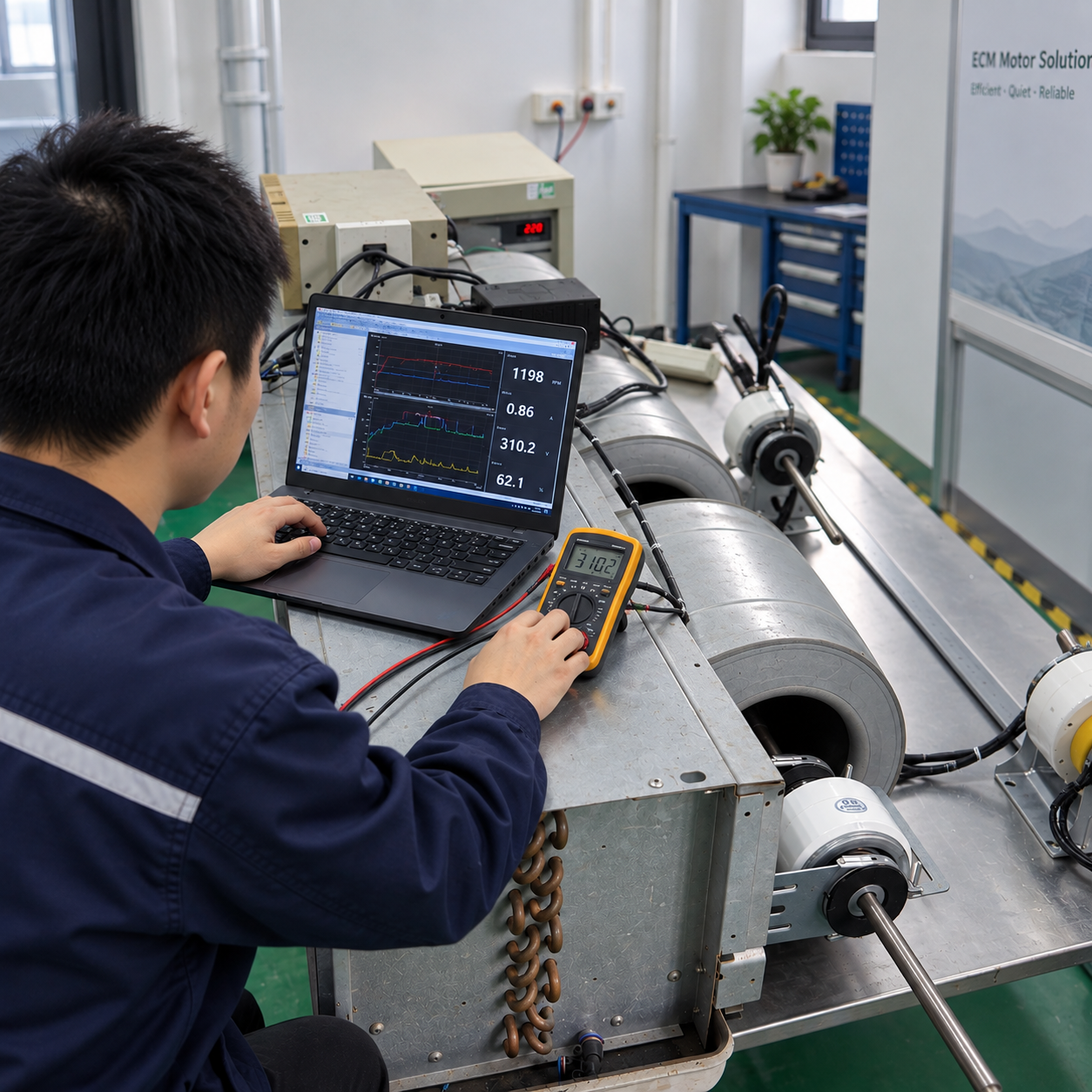 Application engineer validating motor and blower performance
