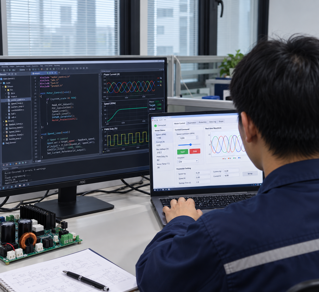 Firmware engineer tuning motor control software