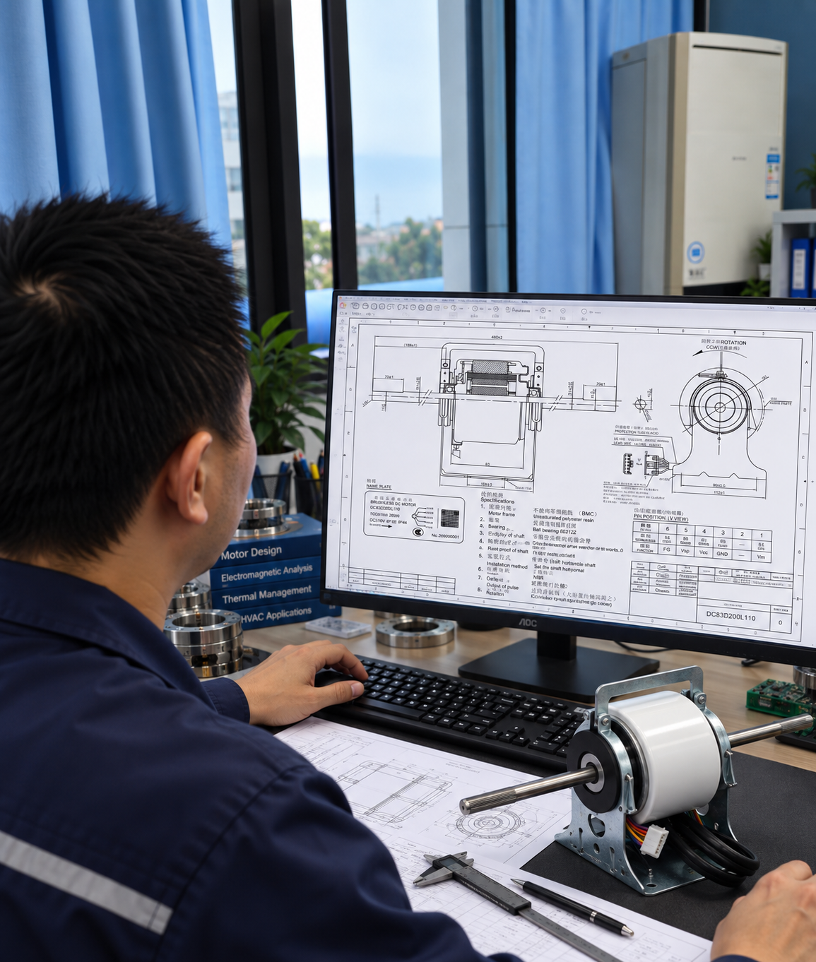 Motor engineer reviewing an ECM motor design drawing