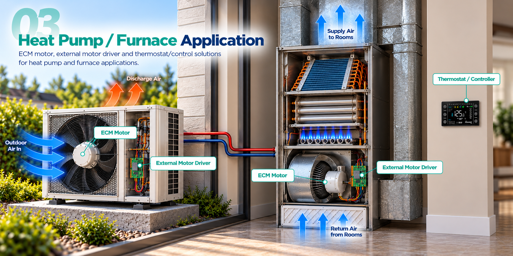 Heat pump and furnace application showing outdoor and indoor ECM motors, external motor drivers, thermostat control, and supply and return airflow