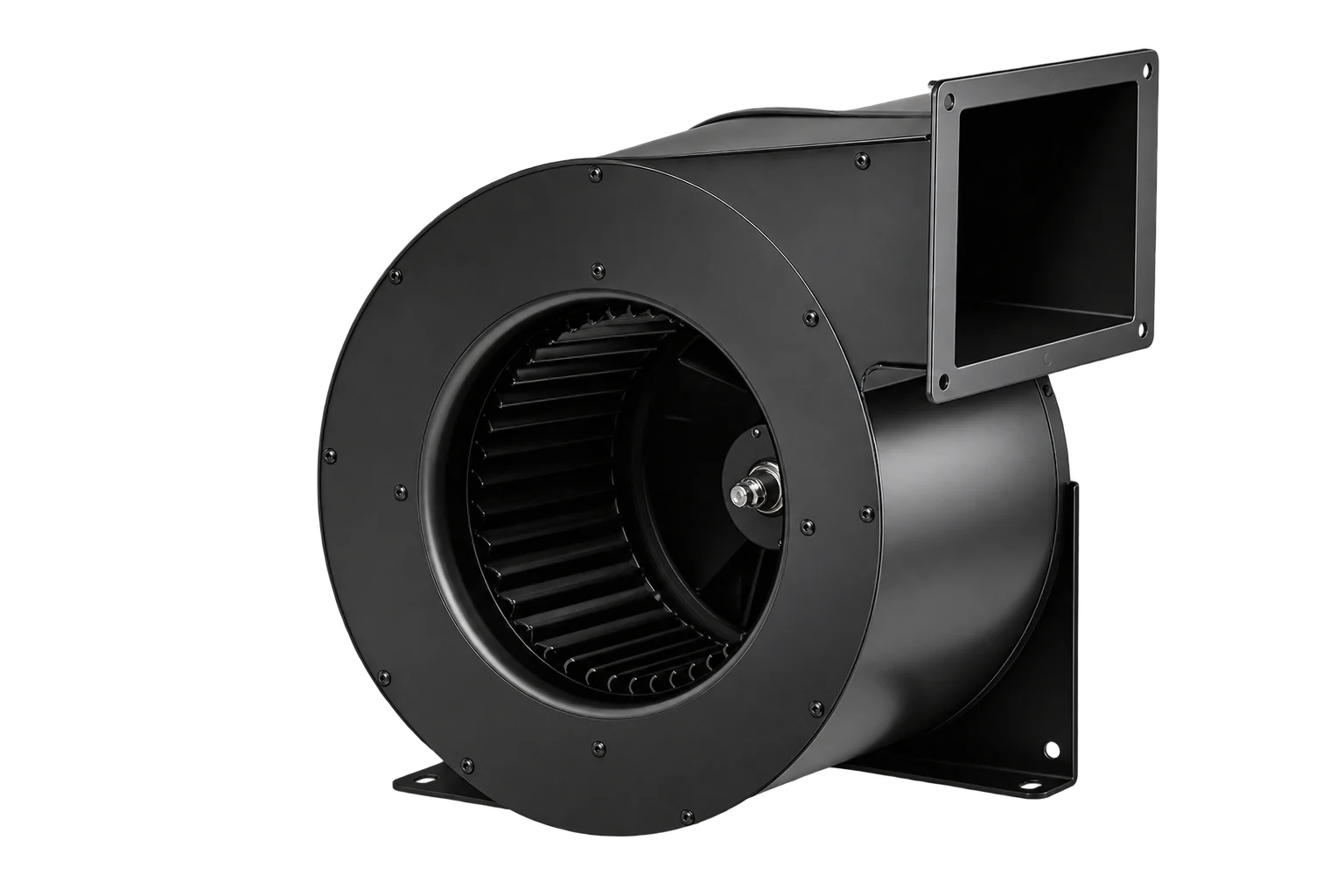 Black centrifugal blower housing with a rectangular outlet