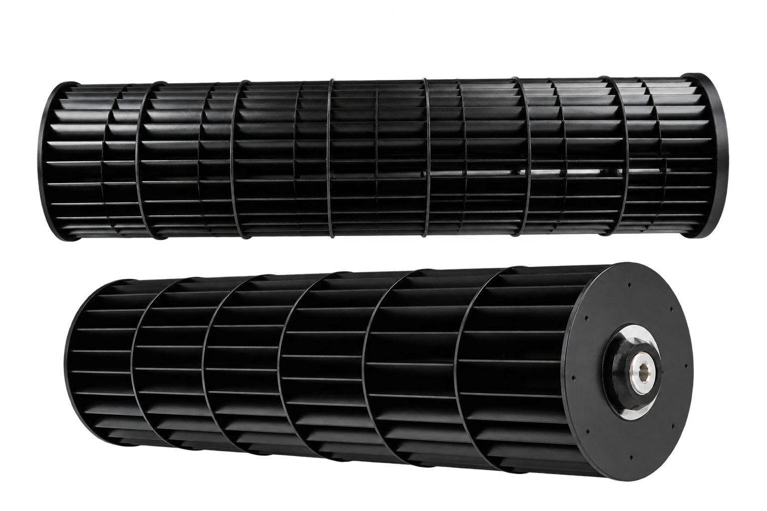 Two black cross-flow tangential fan impellers