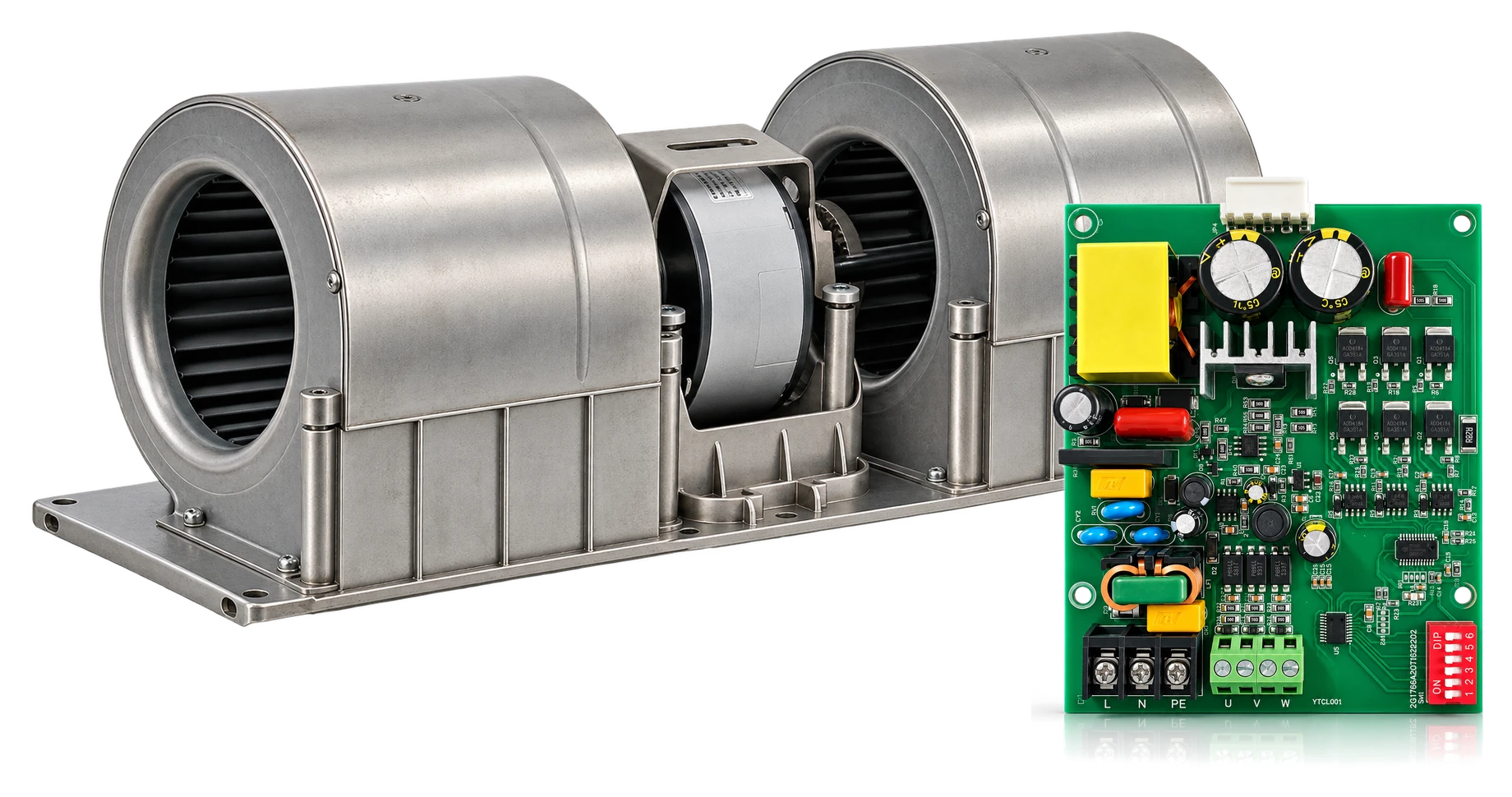 Twin centrifugal blower assembly paired with an L001 external ECM motor driver board