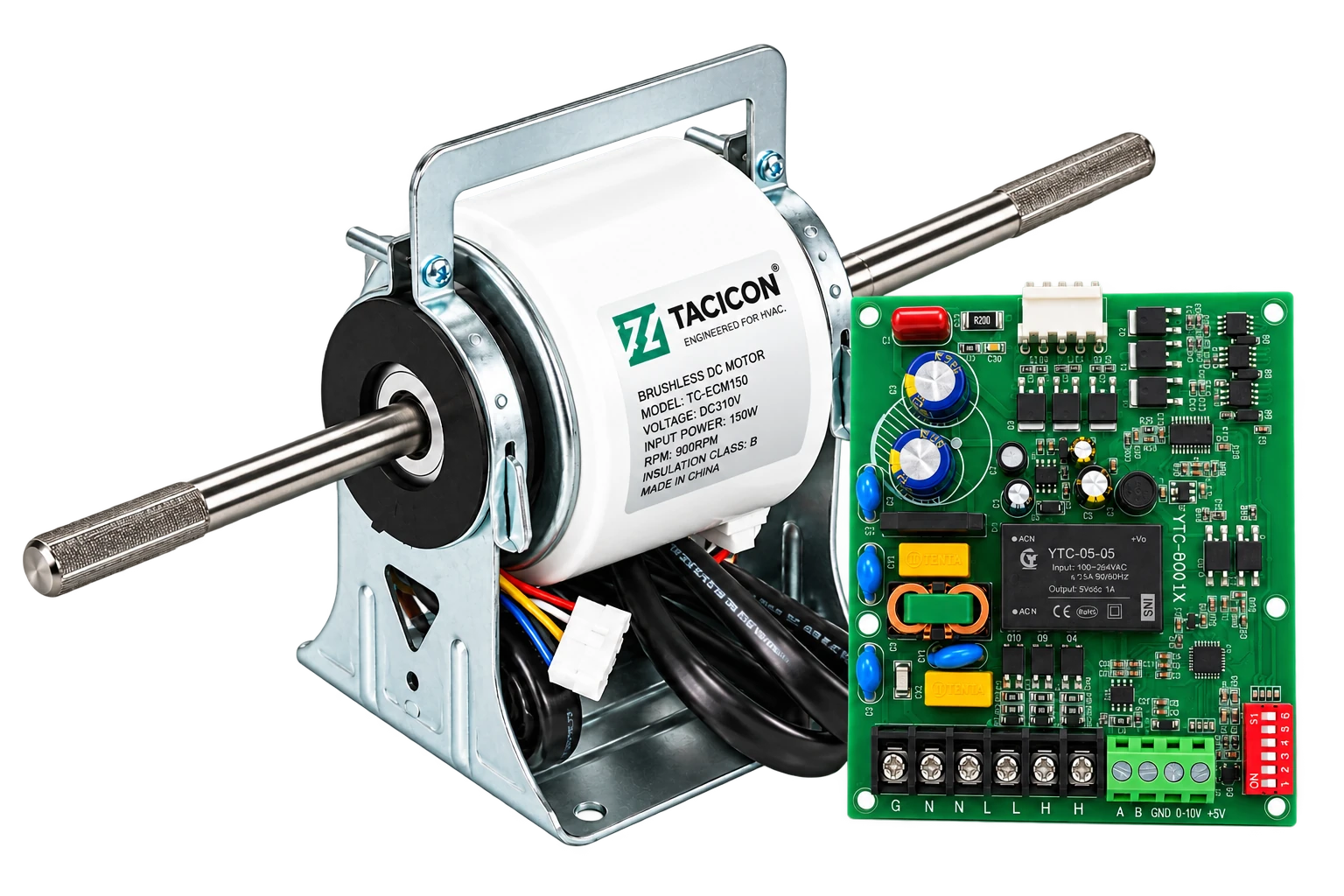 TACICON double-shaft ECM motor paired with an external motor driver board