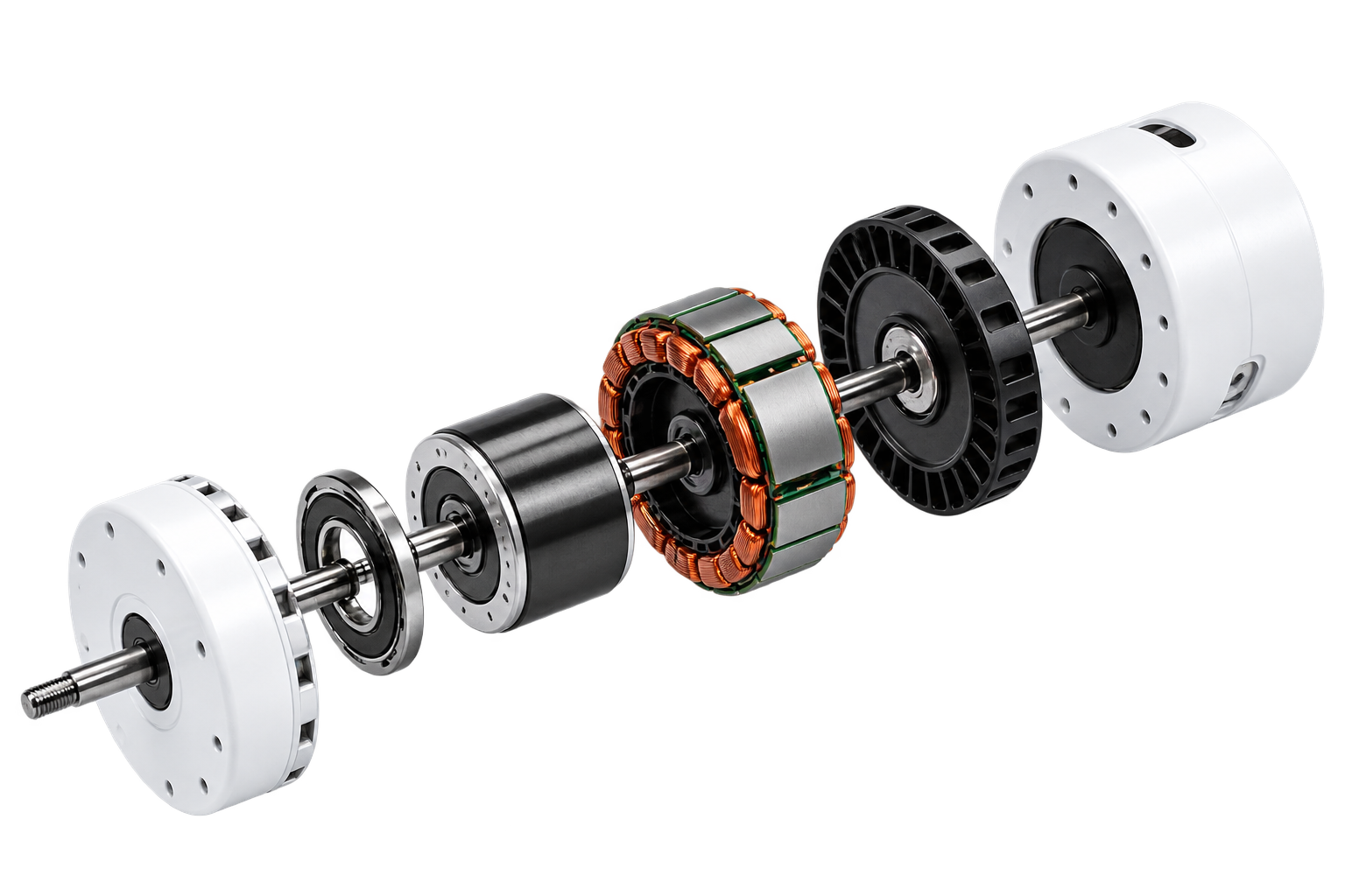 Exploded ECM motor showing white housing, rotor, shaft and copper-wound stator