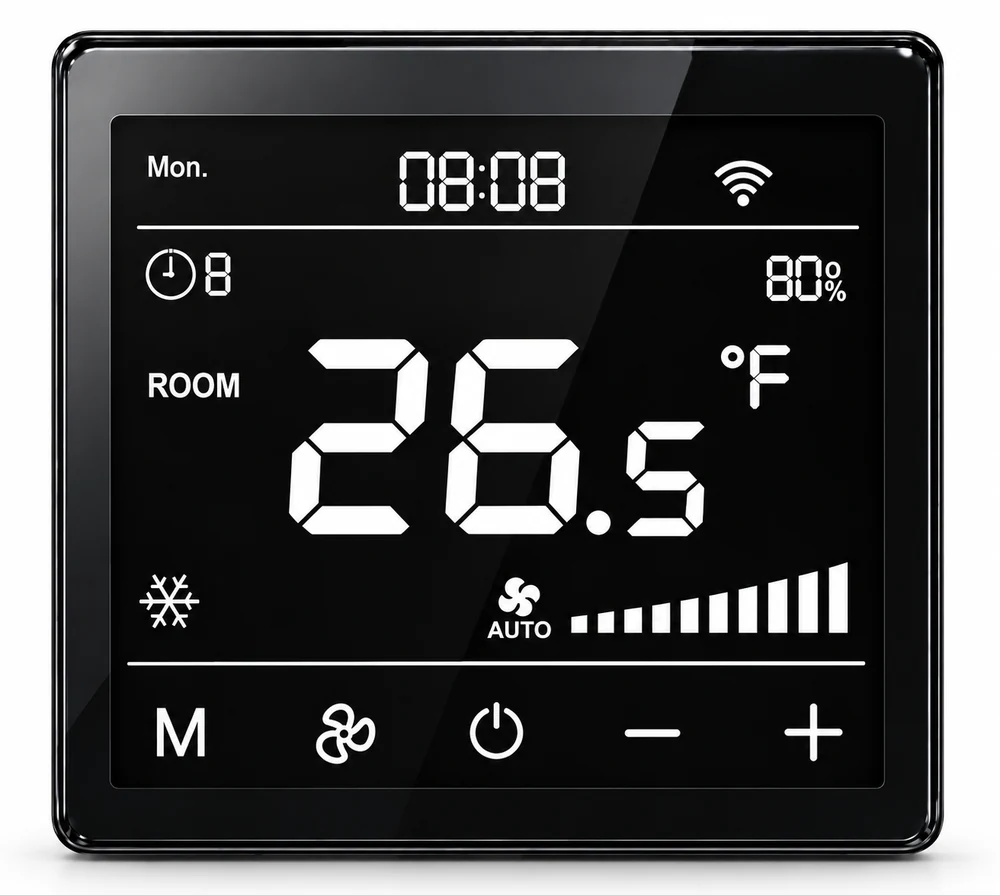 Black FT90 touchscreen fan coil thermostat displaying room temperature and fan controls