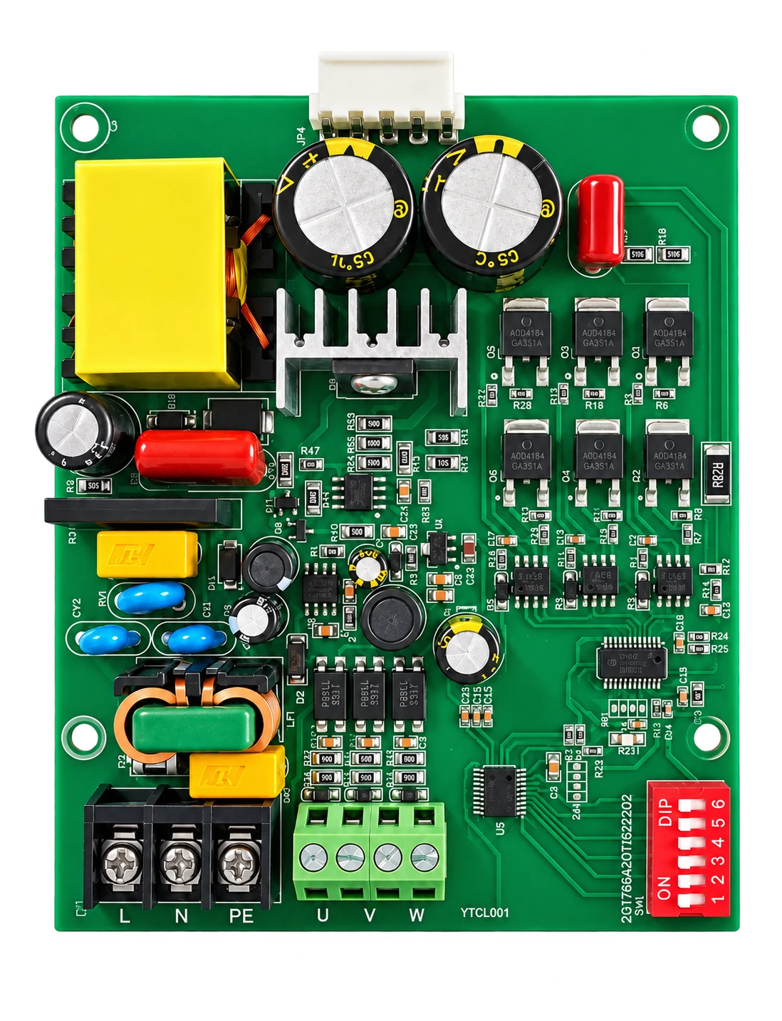 L001 wide voltage sensorless ECM motor driver board with yellow transformer, capacitors and terminal blocks