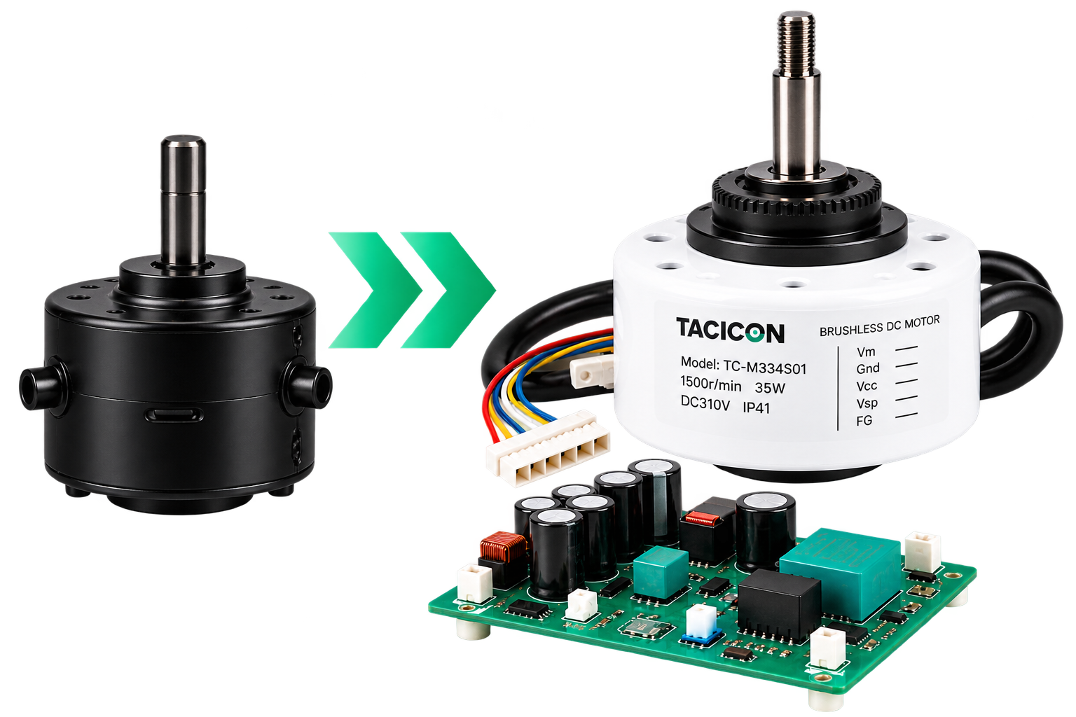 PSC motor with teal arrows pointing to a TACICON ECM motor and external driver board