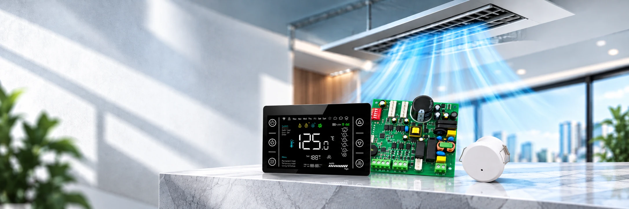 Touchscreen thermostat, green motor control board and white presence sensor beneath a ceiling HVAC outlet