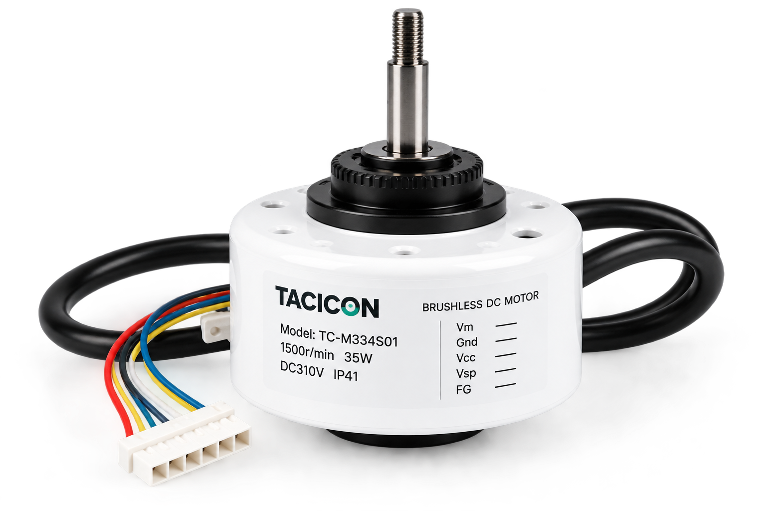 TACICON TC-M334S01 white ECM motor with steel shaft, cable and connector