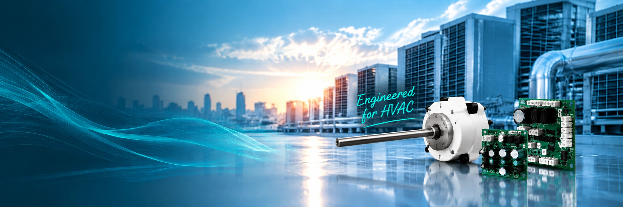 TACICON ECM motor and green driver boards in front of rooftop HVAC equipment