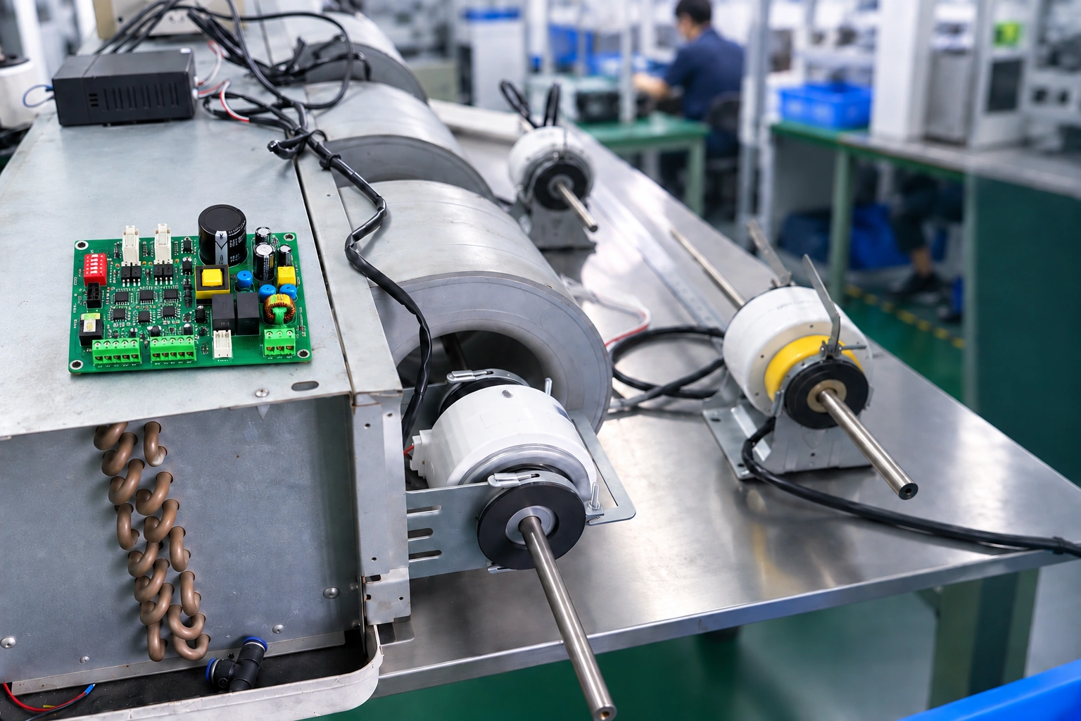 ECM motors, blower assemblies and an external driver board on a testing workbench